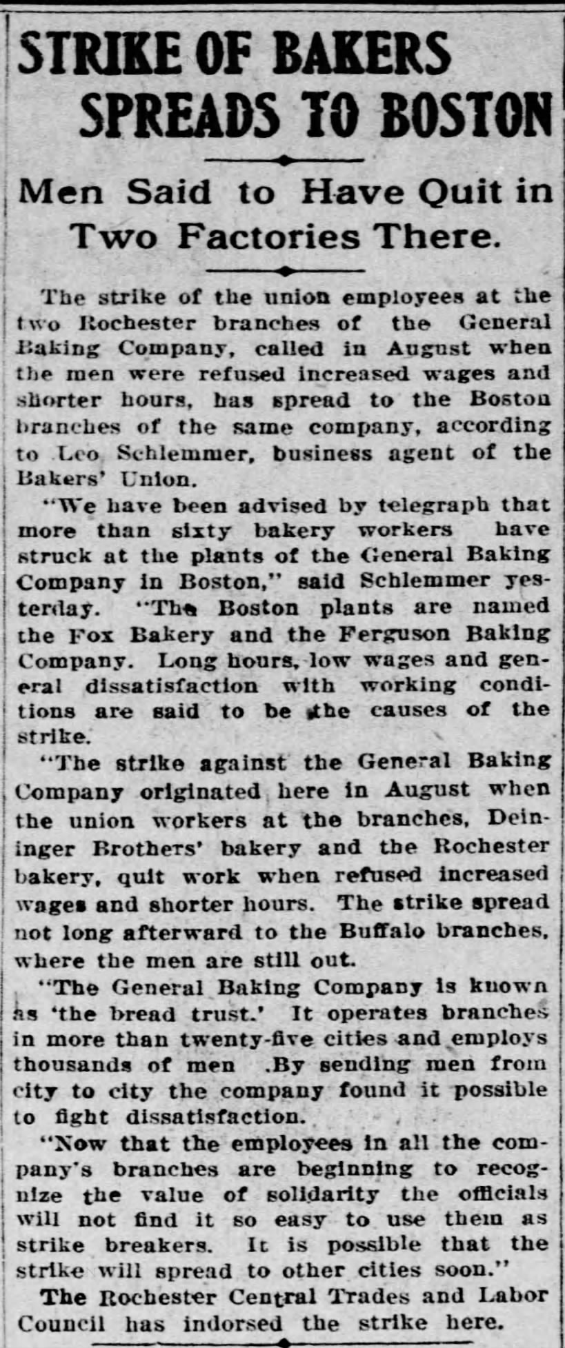 Strike of Bakers Spreads to Boston