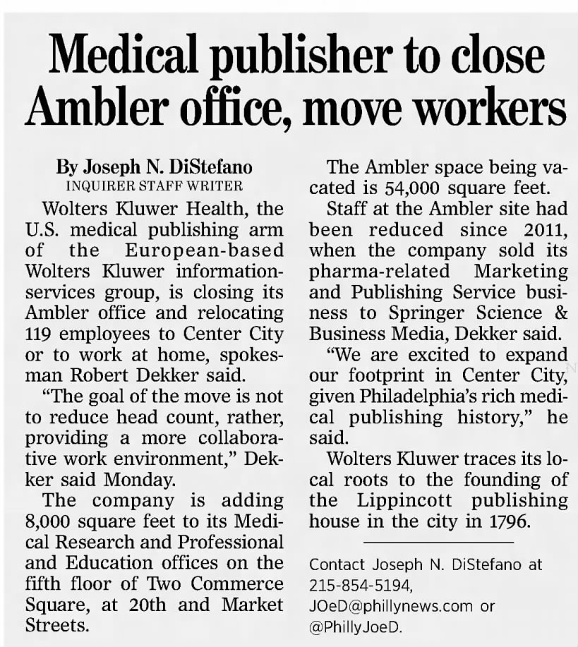 medical publisher to close ambler office