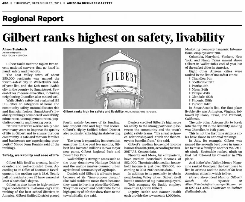gilbert ranks highest on safety livability
