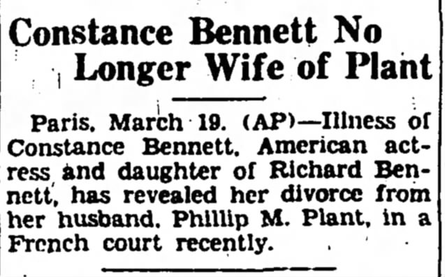 Constance Bennett divorce from Philip Plant