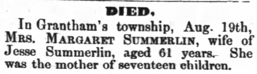 Margaret Summerlin, wife of Jesse Summerlin, died Aug. 19, 1879
(my great-grandmother)