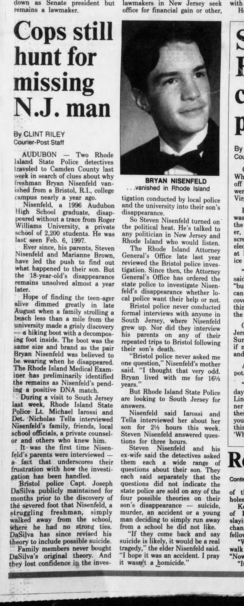 Cops still hunt for missing N.J. man by Clint Riley, Courier-Post, 26 Jan 1998