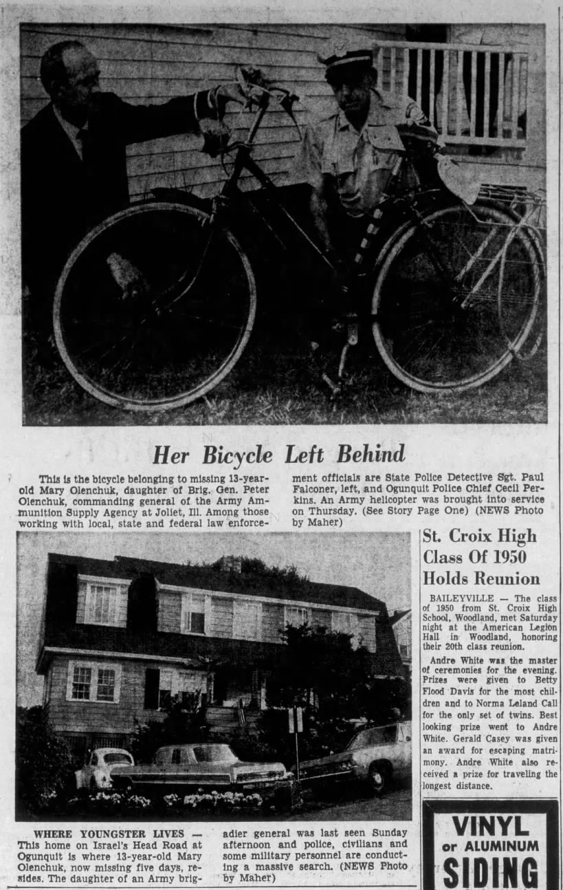 Her Bicycle Left Behind, Bangor Daily News, 14 Aug 1970