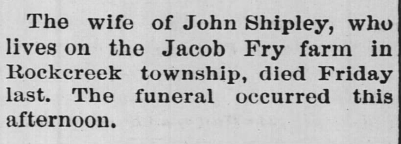 Obituary of John B Shipley's wife appearing in the Daily Democrat, Huntington, IN