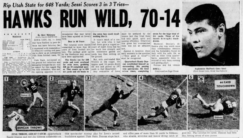 Hawks Run Wild, 70-14 - Rip Utah State for 648 yards, Geno Sessi scores 3 in 3 tries - 9/28/1957