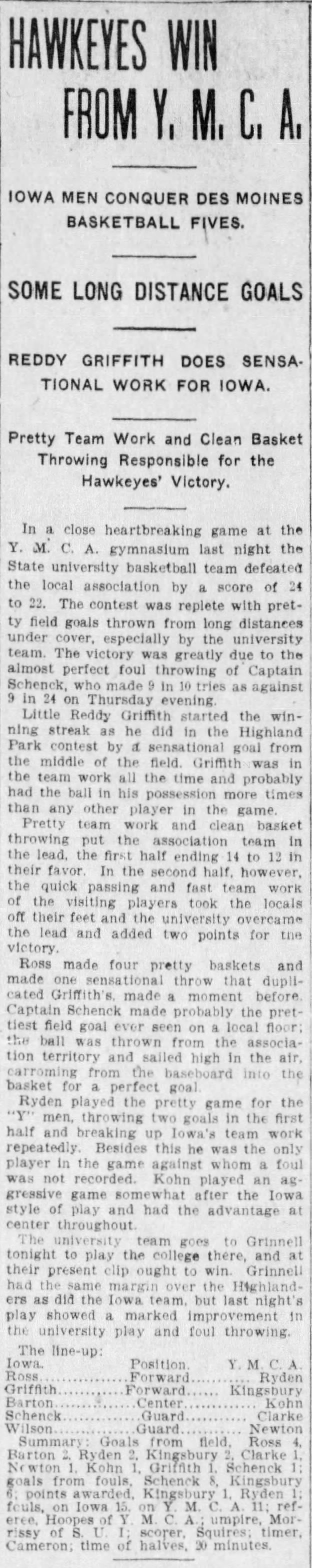 Hawks win in OT over Highland Park in basketball on 1/27/1905