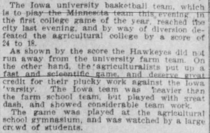 Iowa defeats Minnesota Agricultural in basketball 24-18 on 1/12/1905