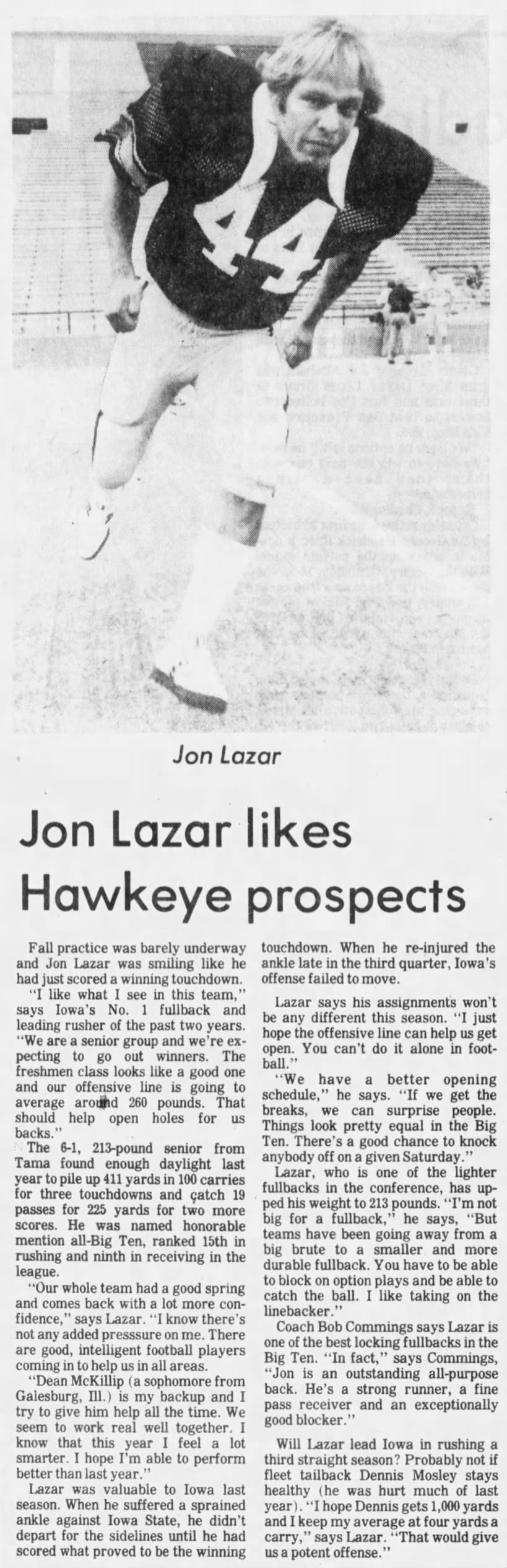 Jon Lazar likes Hawkeye prospects - IC Press Citizen 9/12/1978