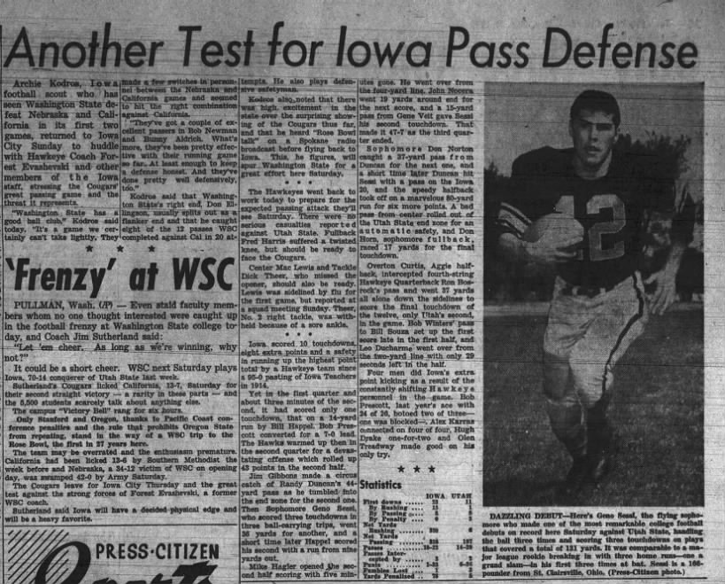 Geno Sessi dazzles Hawkeye fans in blowout win over Utah State - 9/28/1957