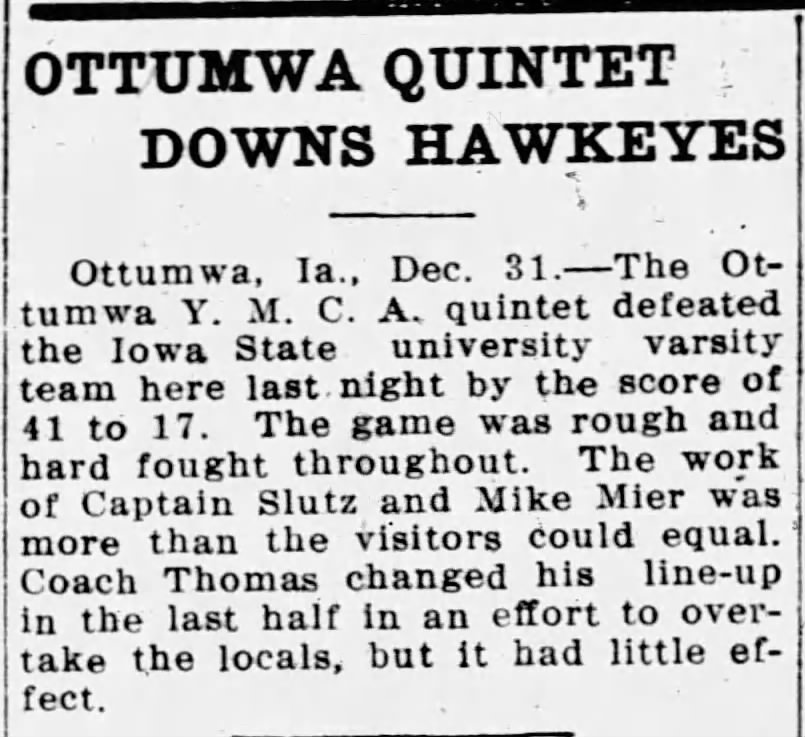 Ottumwa YMCA defeats Iowa in basketball 41-17 on 12/30/1912
