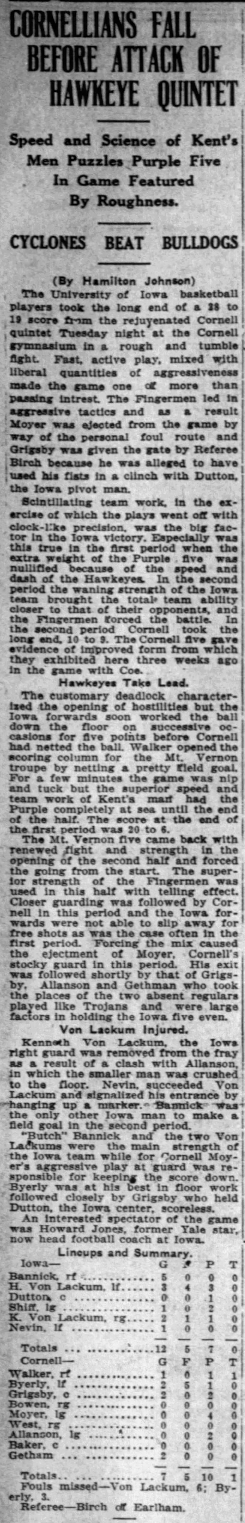 Cornell loses to Iowa 28-19 in basketball on 2/8/1916