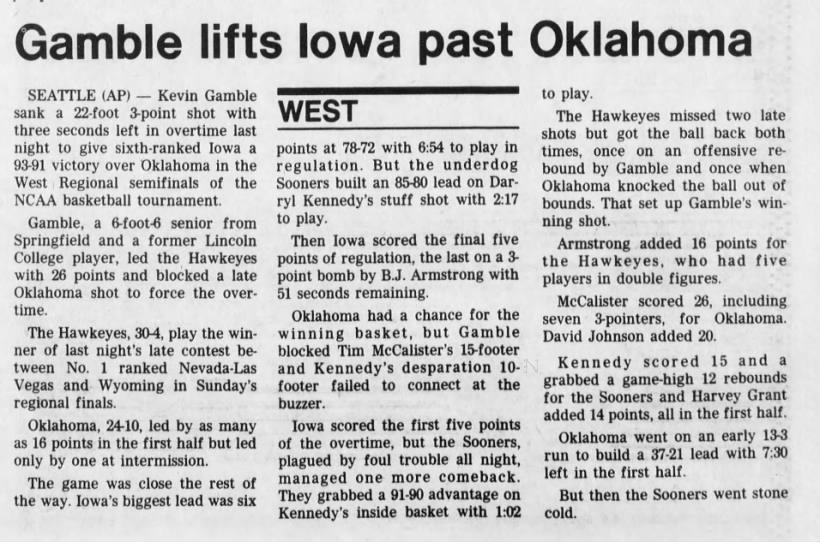 Kevin Gamble lifts Iowa past Oklahoma in Elite Eight (1987)