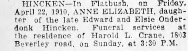 Anne Elizabeth death notice 4/24/1910