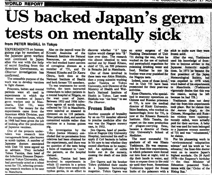 Postwar Japan: "US Backed Japan's Germ Tests on Mentally Sick"