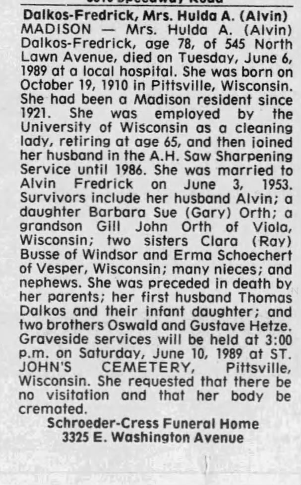 Obituary for Hulda A. Dalkos-Fredrick, 1910-1989 (Aged 78)