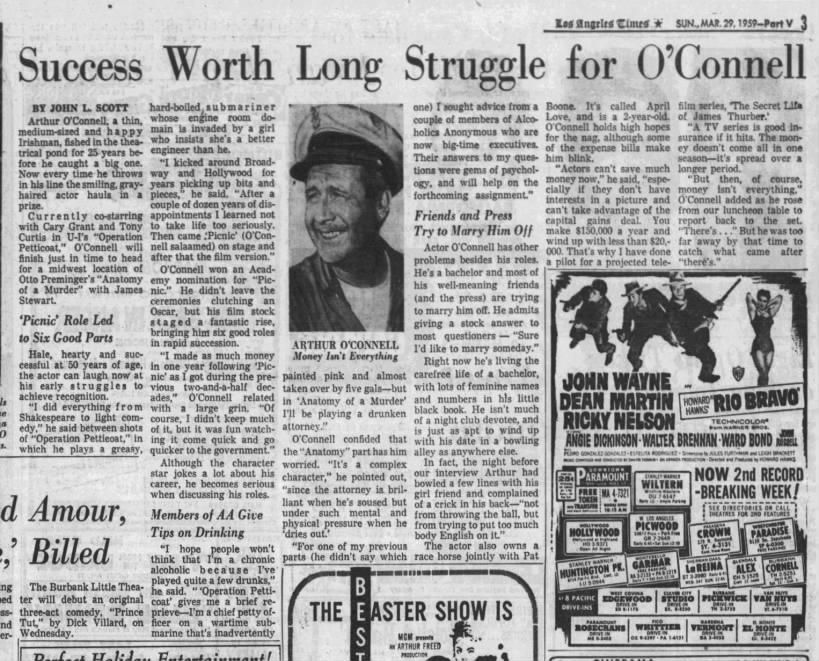 Arthur O'Connell profile LA Times 1959 pf V3