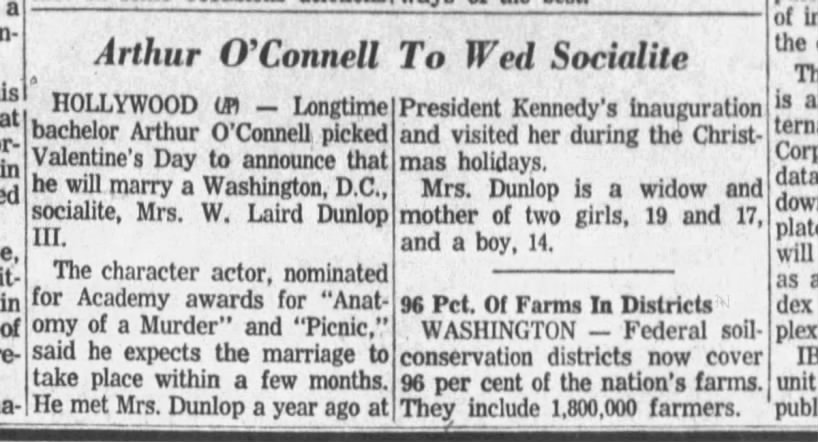 O'Connell to wed, 1962