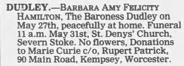 Baroness Dudley Obituary