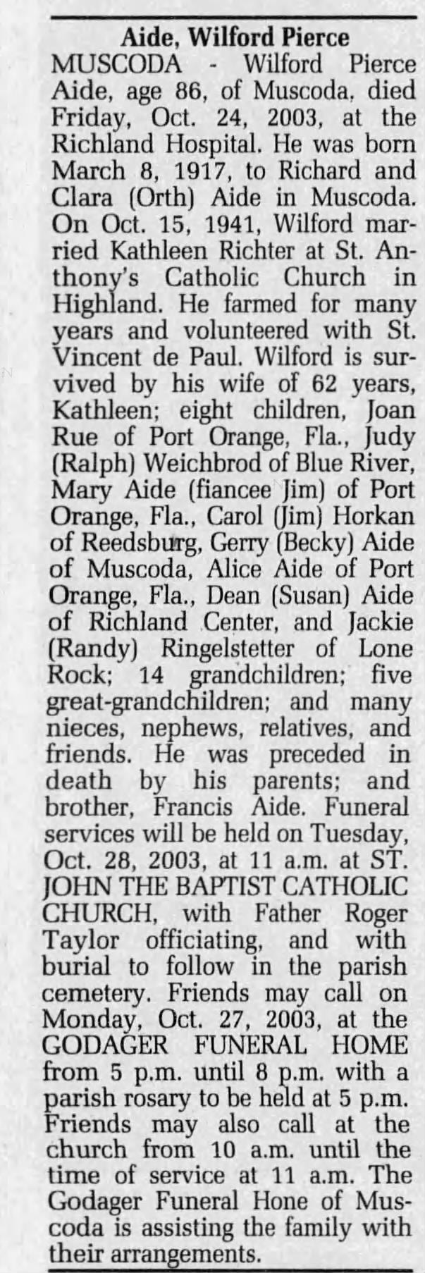 Obituary for Aide Pierce, 1917-2003 (Aged 86)