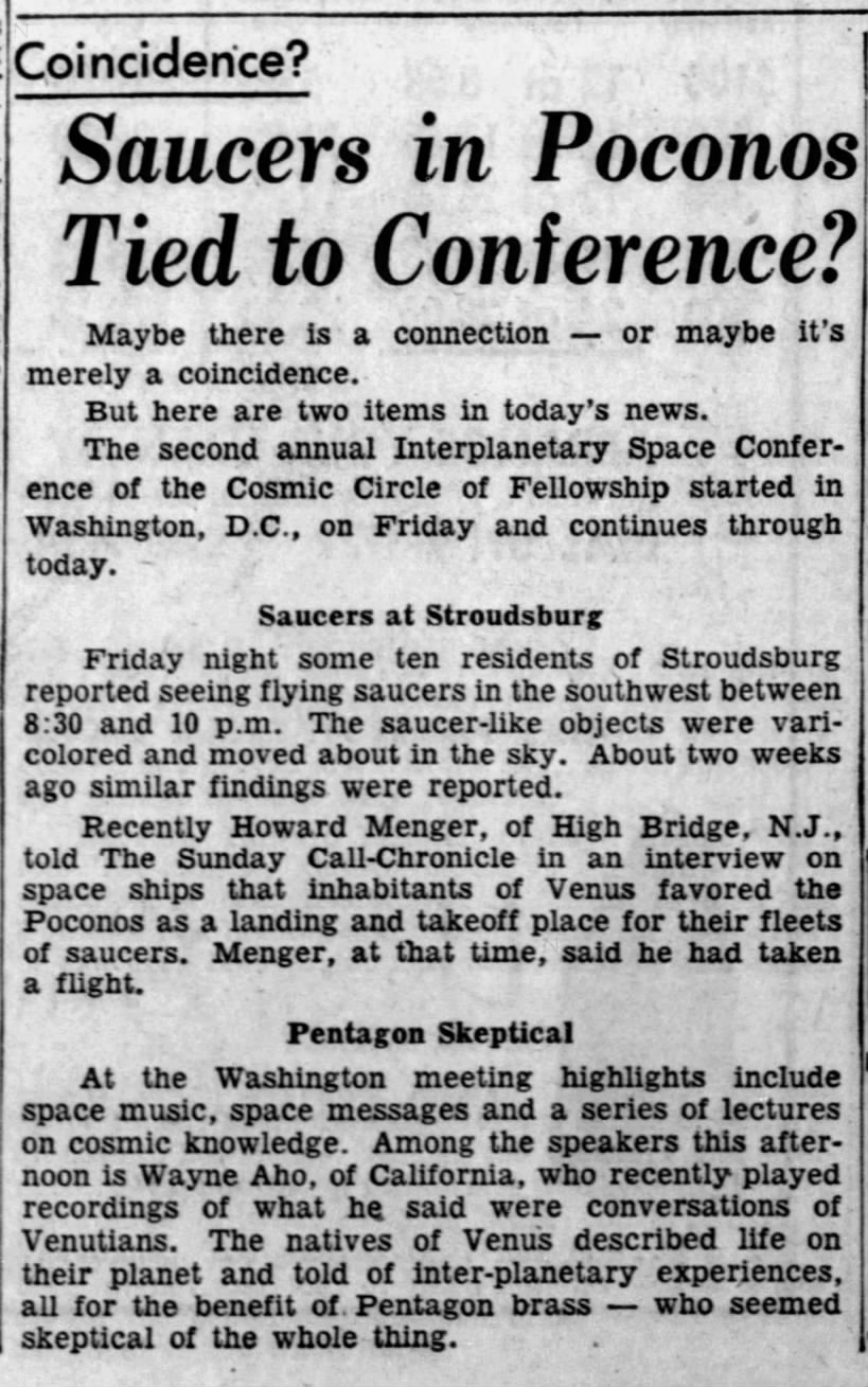 Coincidence? Saucers in Poconos Tied to Conference?