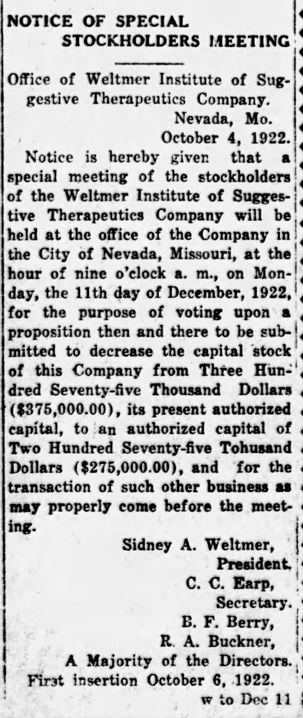Notice of Meeting For Decrease of Stock. (Weltmer Institute, 11 Dec. 1922)