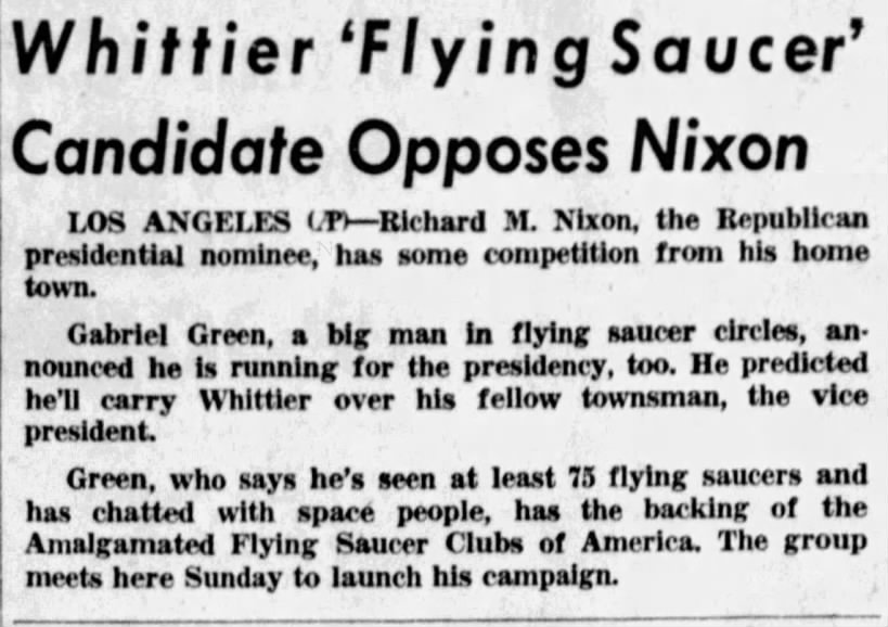 Whittier 'Flying Saucer' Candidate Opposes Nixon