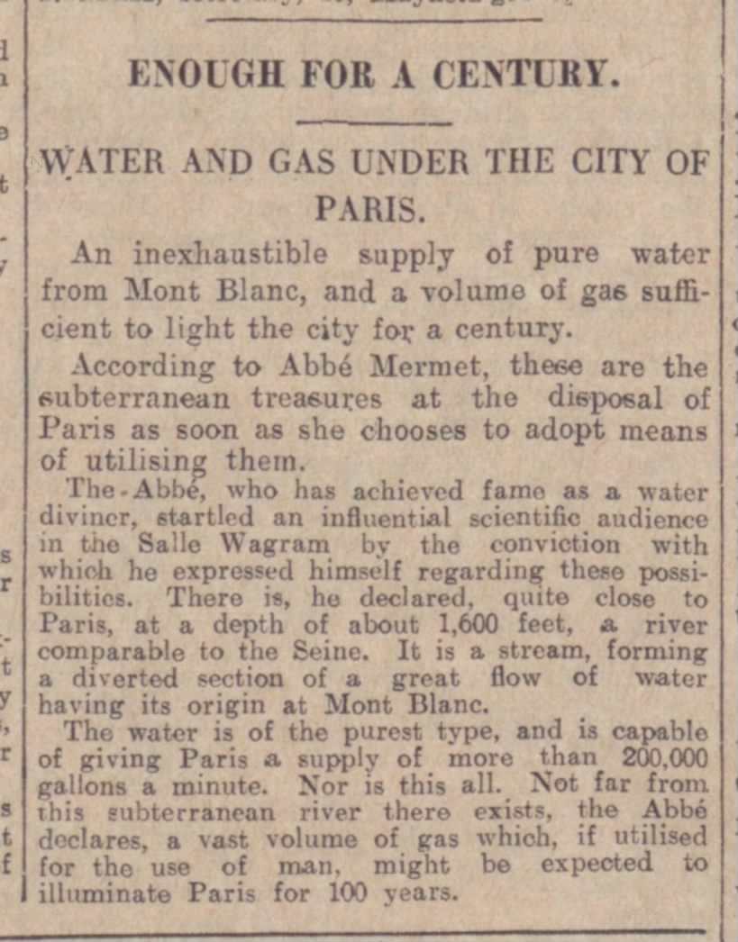 ENOUGH FOR A CENTURY. WATER AND GAS UNDER THE CITY OF PARIS.
