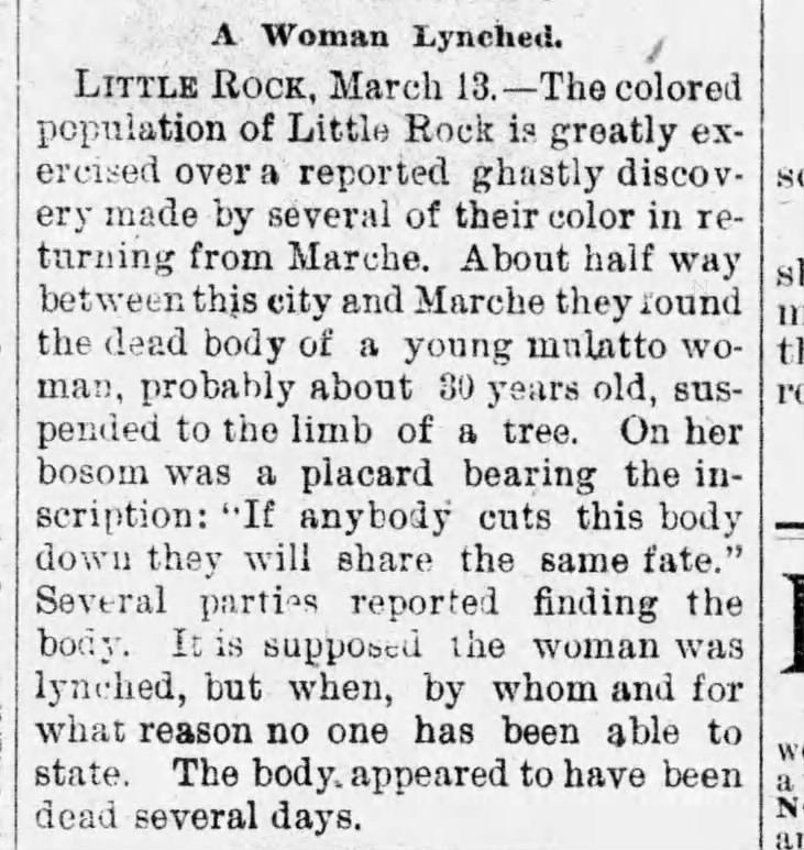 A woman lynched in Pine Bluff, Arkansas.