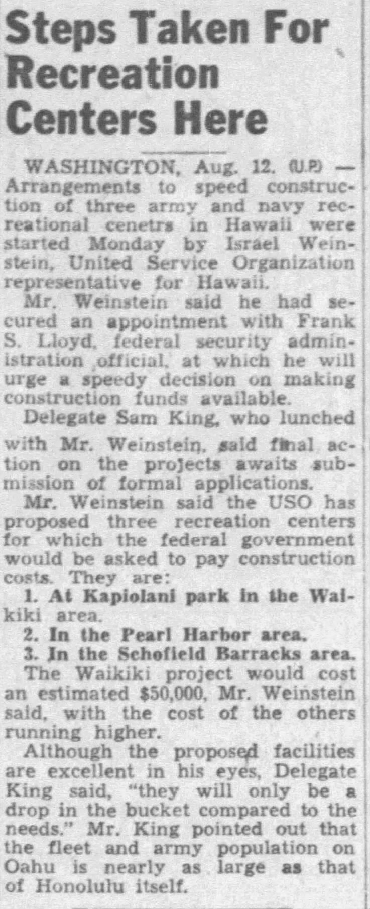 Plans for 3 centers in Hawaii - Aug 12 1941