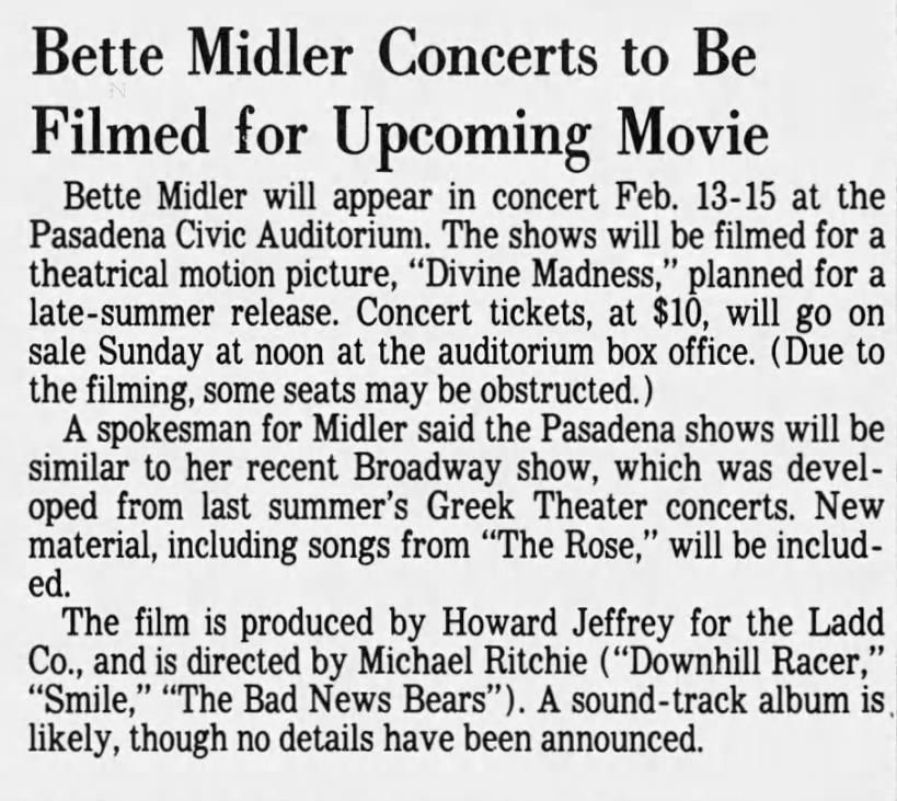Bette Midler Concerts to Be Filmed for Upcoming Movie