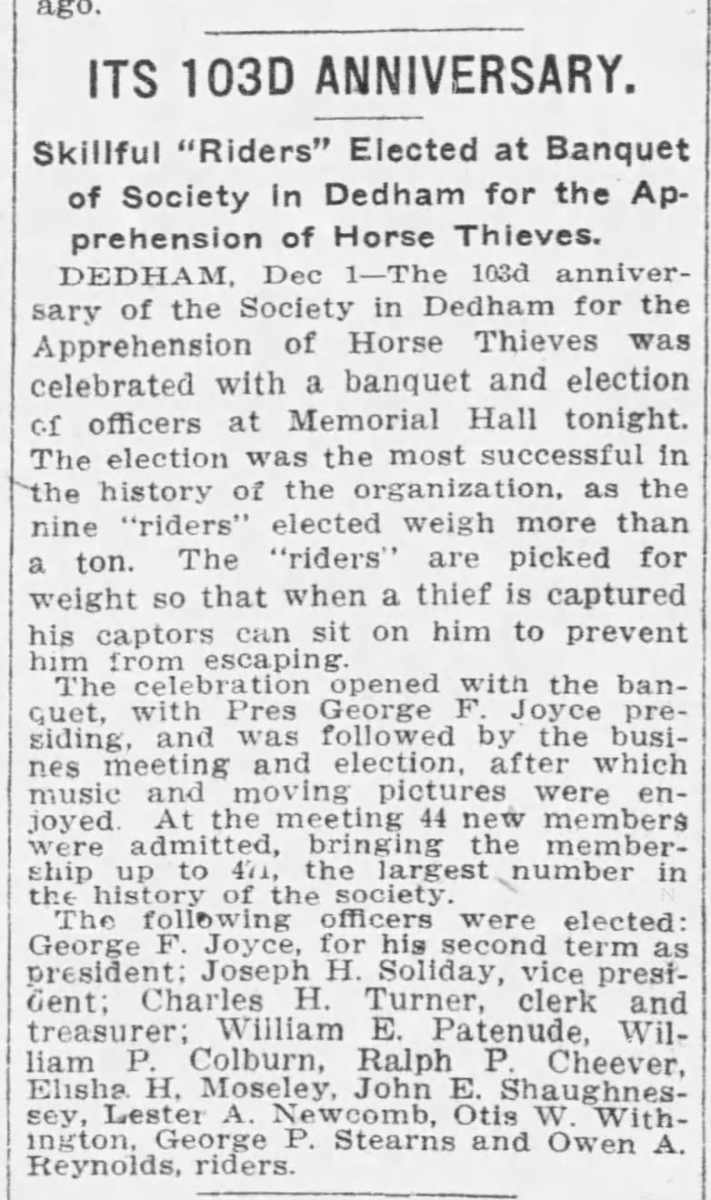 103rd anniversary of the Society in Dedham for Apprehending Horse Thieves