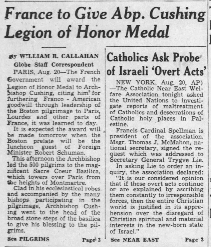 France to Give Abp. Cushing Legion of Honor Medal