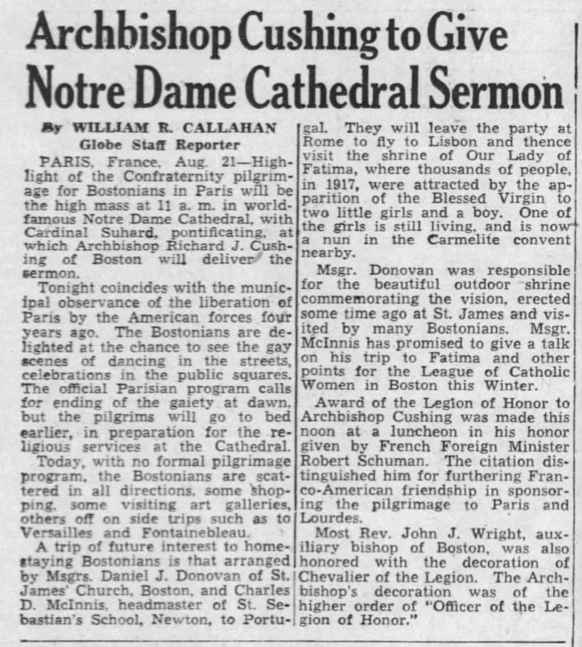 Archbishop Cushing to Give Notre Dame Cathedral Sermon
