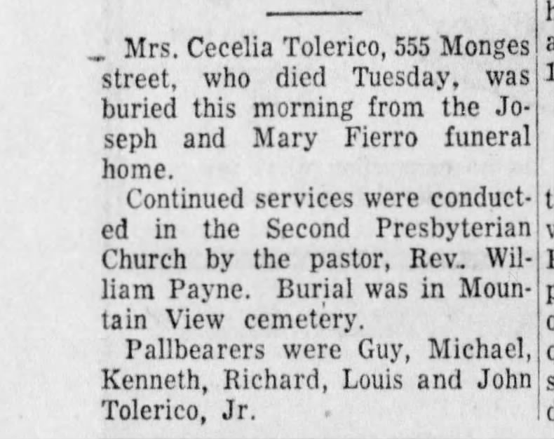 OBIT-Cecelia Tolerico. The Plain Speaker, Hazleton, PA. 9 May 1958, Fri. Page 14