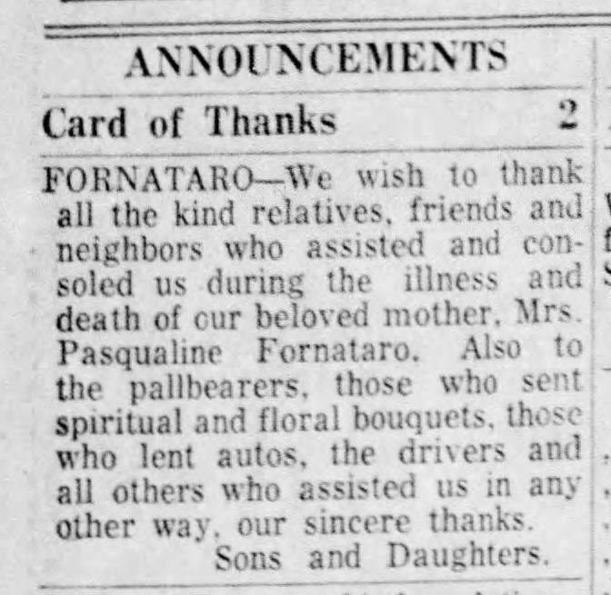 Pasqualina Fornataro-Card of Thanks-Standard-Sentinel-Hazleton PA-20 Nov 1957