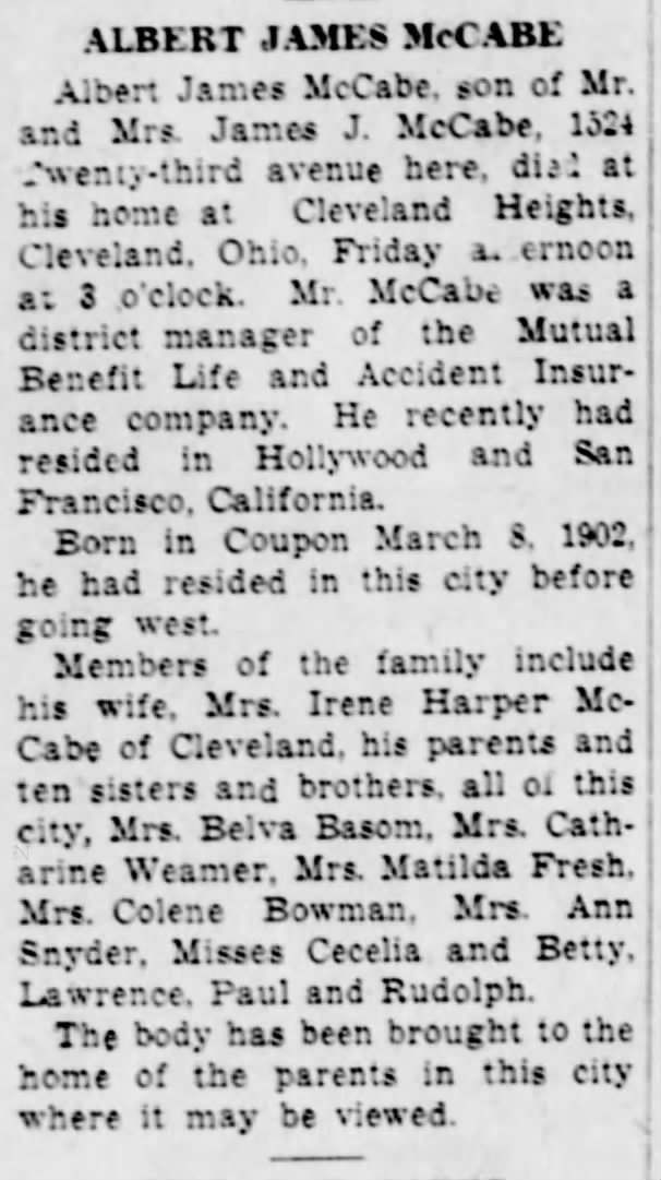 Albert James McCabe death notice Monday July 10, 1939