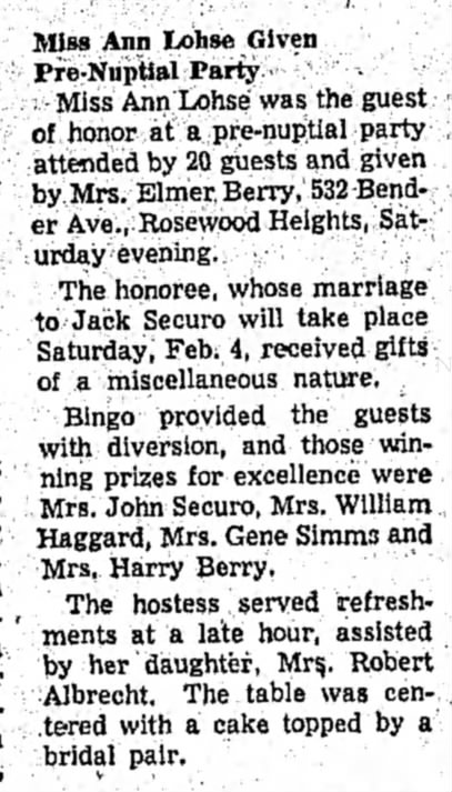 Lohse, Ann  shower for wedding, 25 Jan 1956