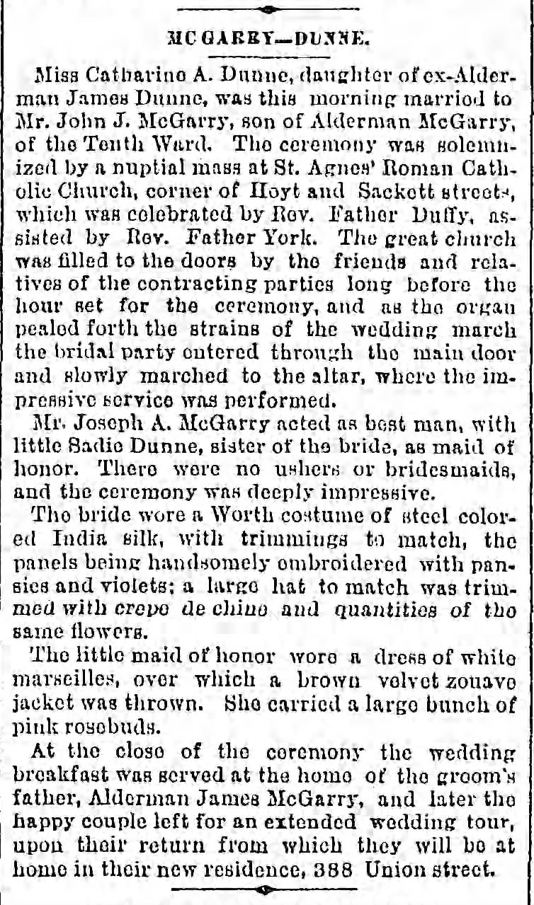 Marriage of Catherine A. Dunne & John J McGarry