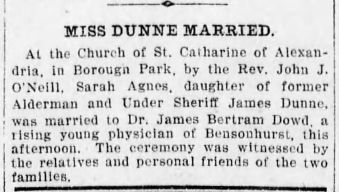 Marriage of Sarah Agness Dunne & Dr James Bertram Dowd