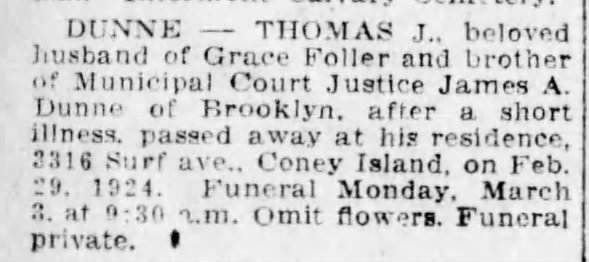Death notice for Thomas J. Dunne
