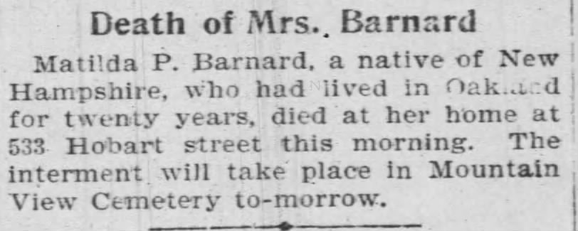 Obituary for Barnard Matilda P. Barnard