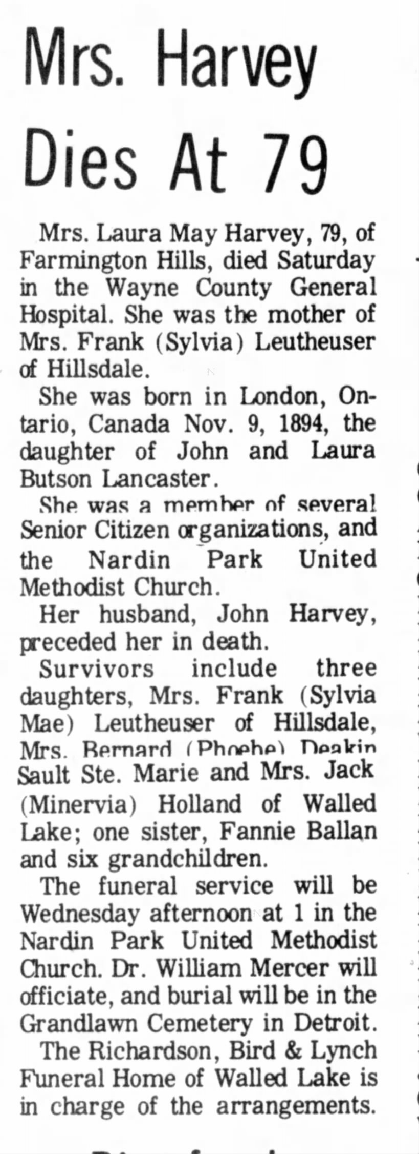 Laura Harvey death; mother was Laura Lancaster, Father was John Butson