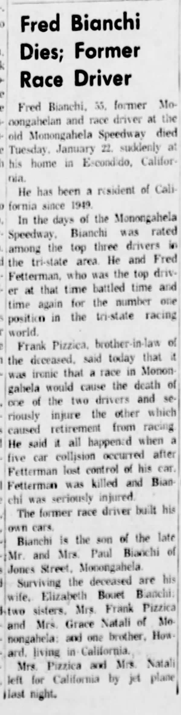 Fred Bianchi obit
The Daily Republican
24 January 1963
