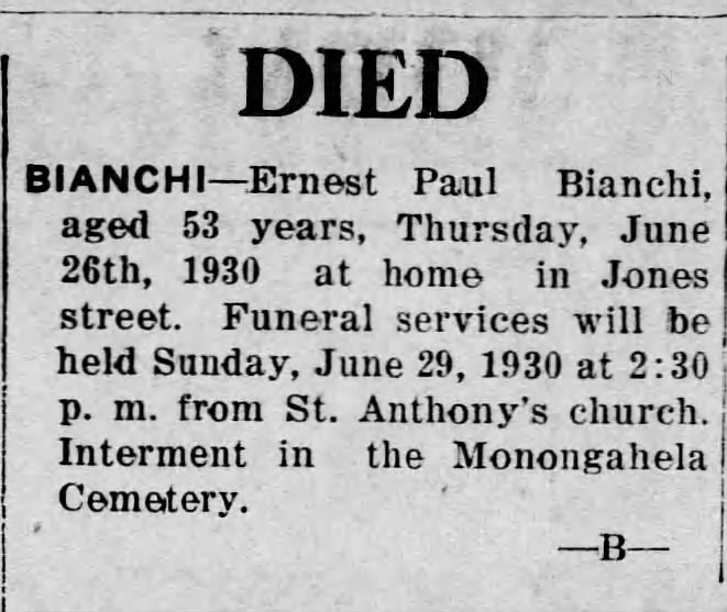 Paul Bianchi 
death notice
28 june 1930