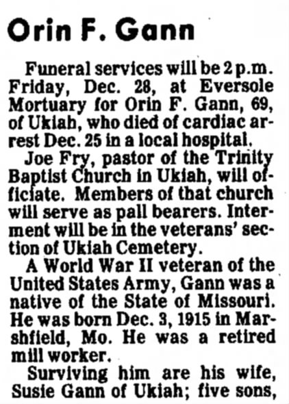 Orin F Gann Obituary
(Part I)