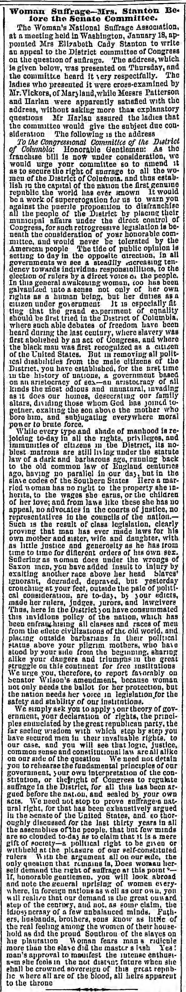 Elizabeth Cady Stanton addresses the Congressional Committee of the District of Columbia in 1869.