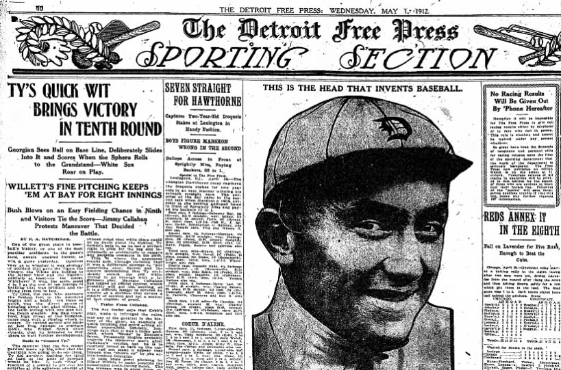 Tigers History: Sporting Section front page, Ty Cobb, 1912