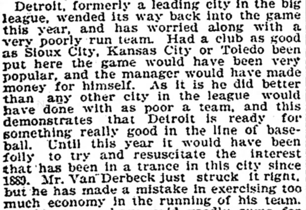 Tigers History: Van Derbeck's "very poorly run team," 1894
