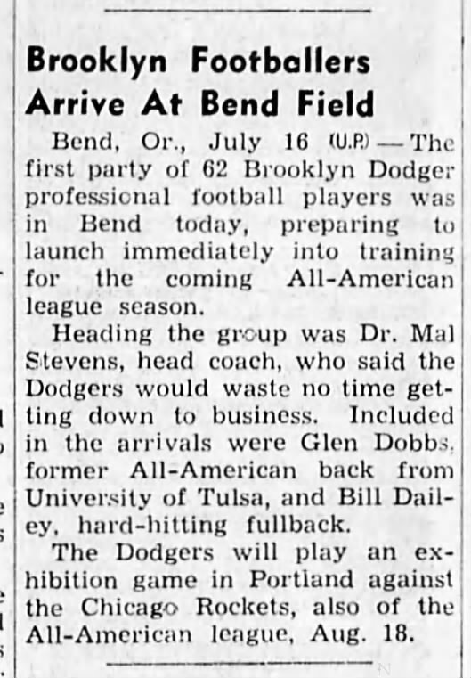 NFL's Brooklyn Dodgers Arrive in Bend, Oregon; To Play in Portland Aug. 18, 1946