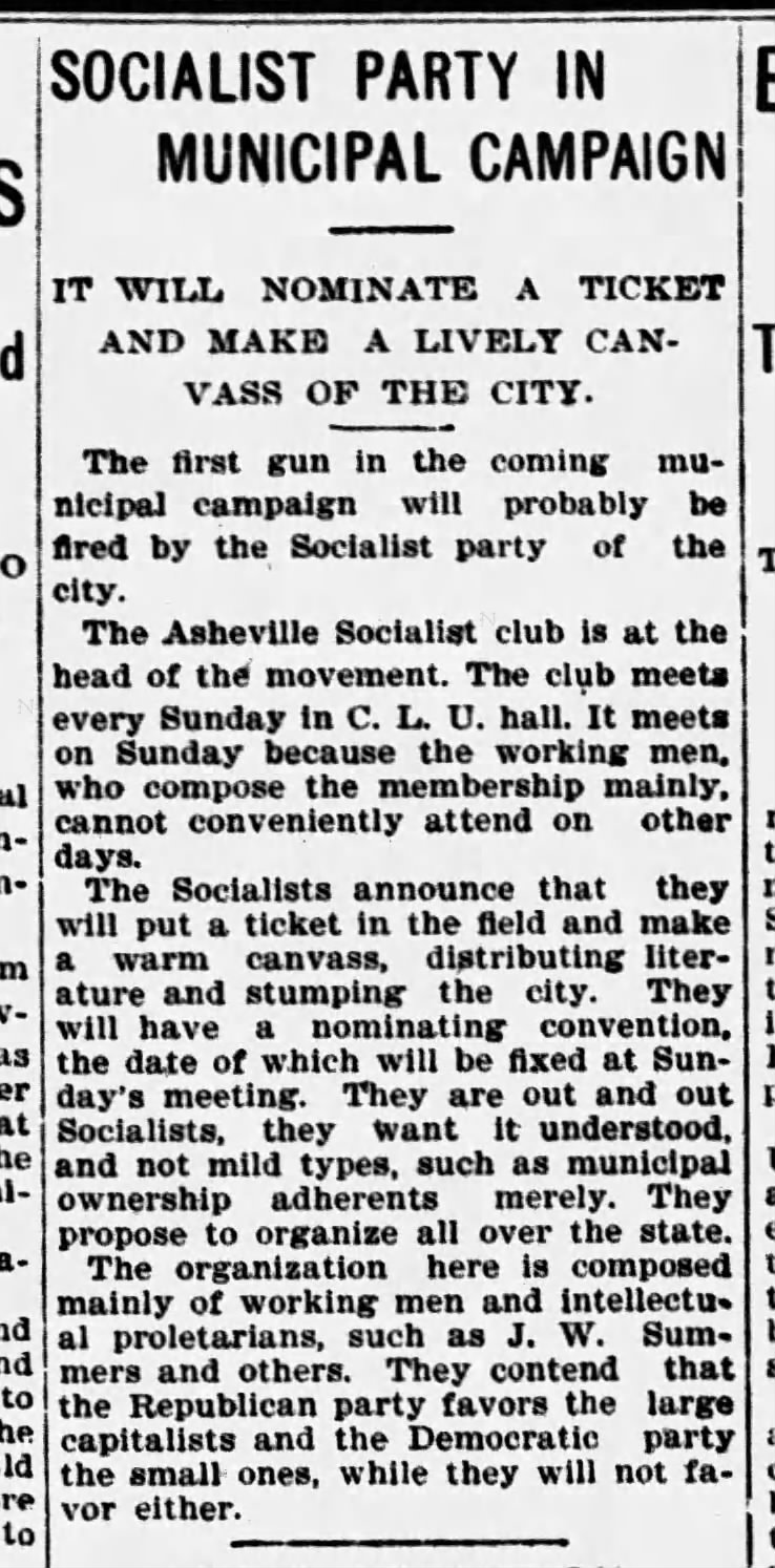 Ashville, NC Socialist Party in Municipal Campaign
